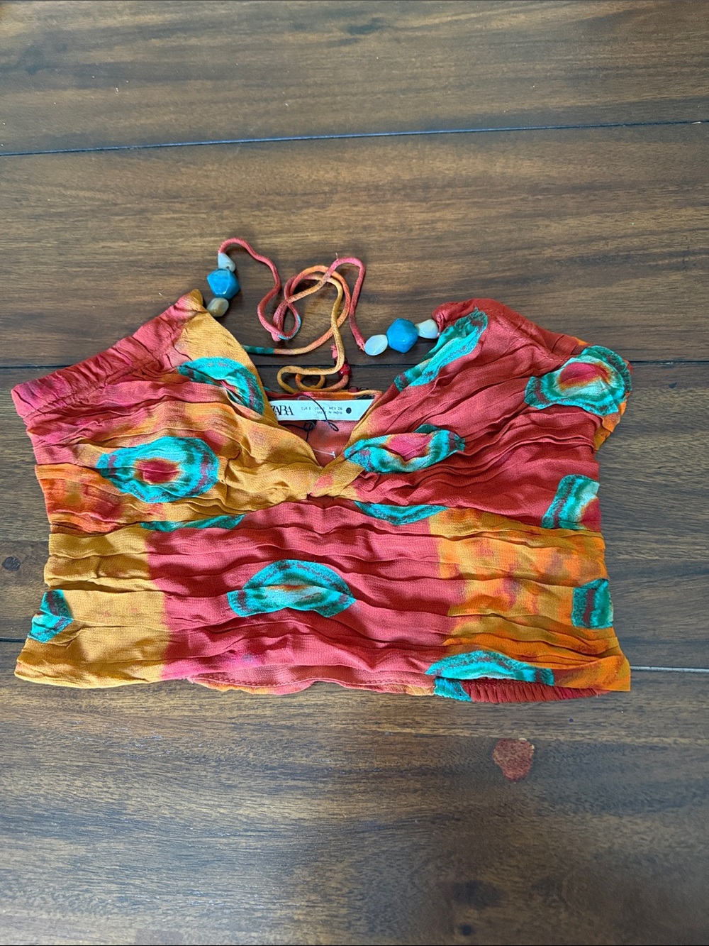 ZARA Tie Dye Beaded Halter Crop Top Orange Red Teal Size S
